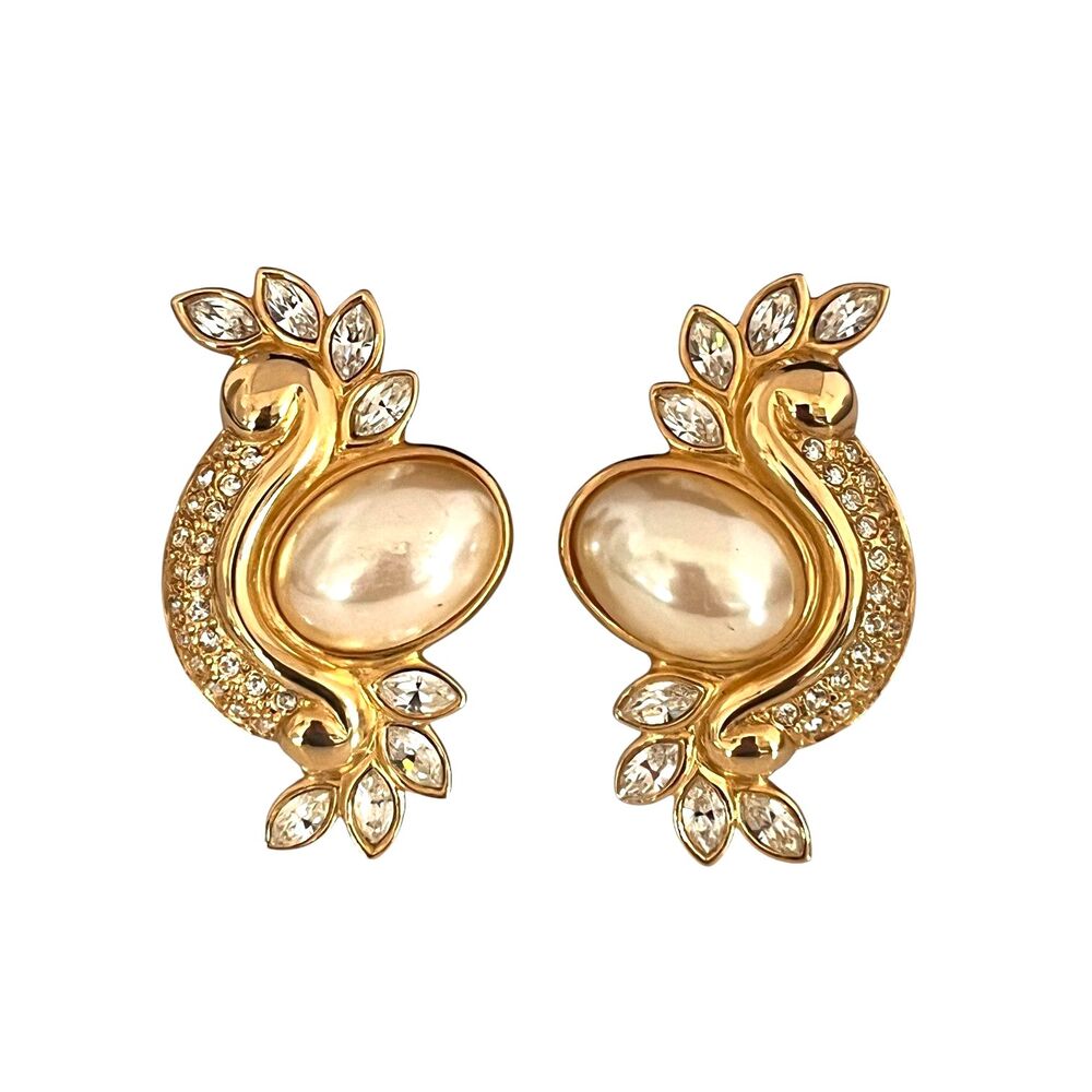 Vintage 1980s Piscitelli Earrings Faux Pearl Crystal Gold Tone Statement - 3N